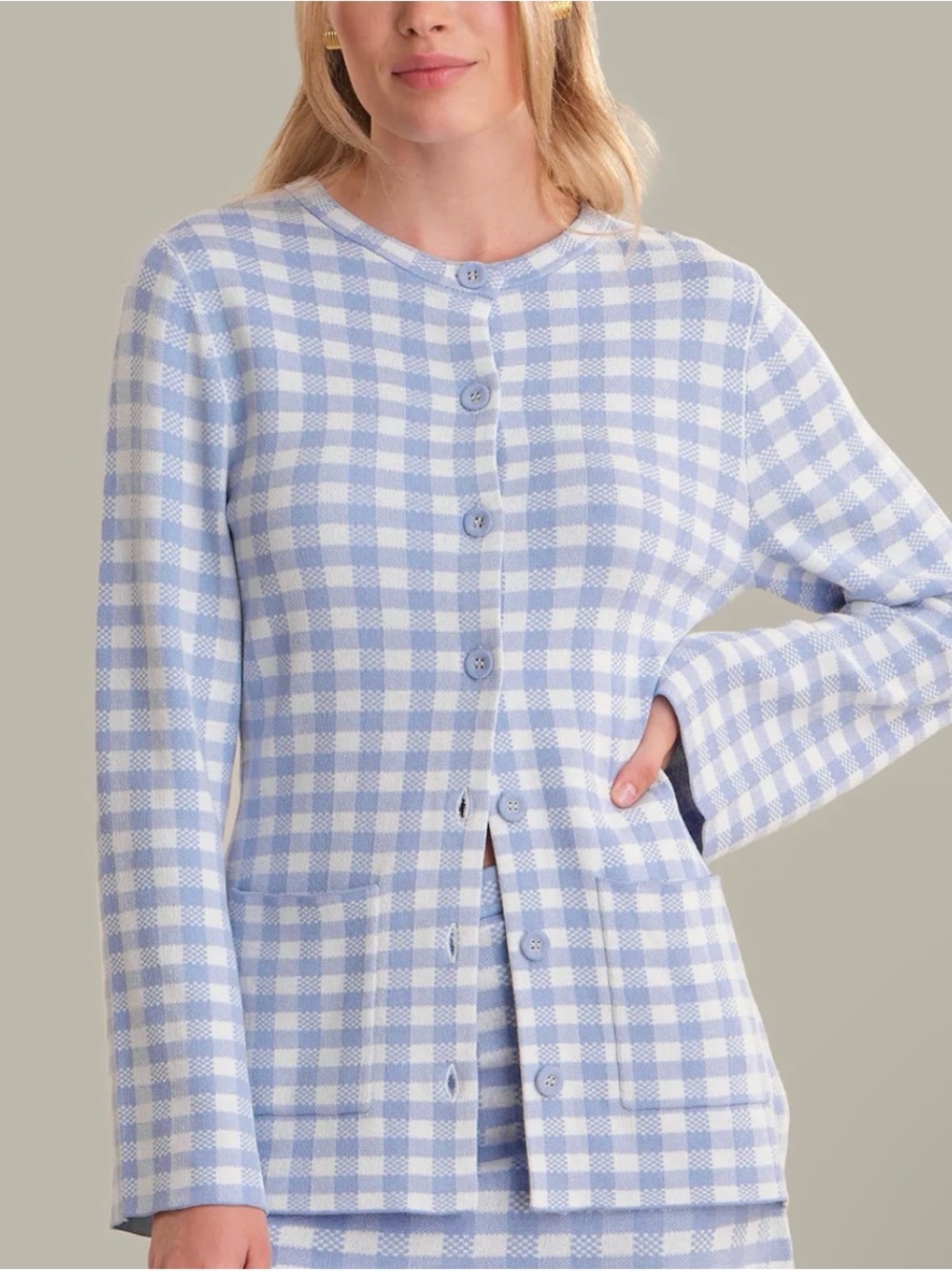525 America Light Blue and White Gingham Button-Front Cardigan